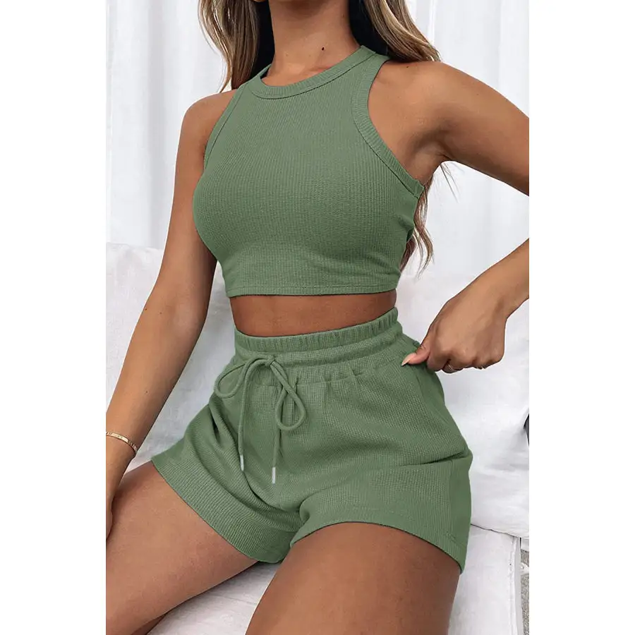 Relaxed Round Neck Top and Drawstring Shorts Set