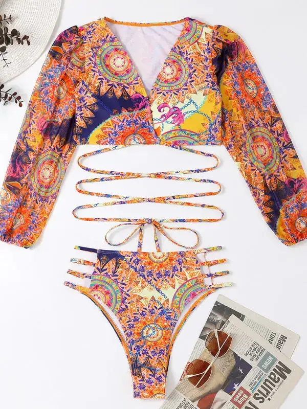 Ethnic Printed Mesh Long Sleeve Bikini Swim Set