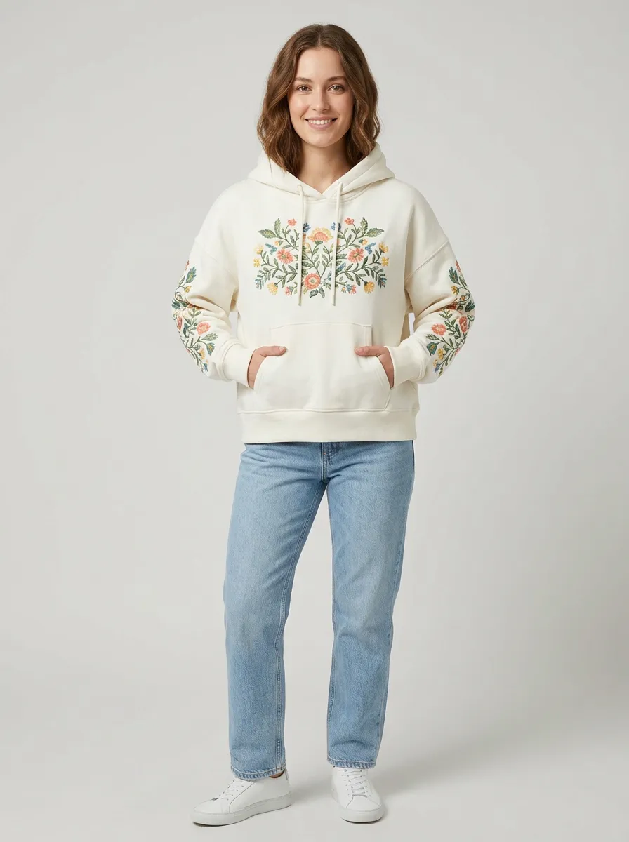 Boho Inspired Women's Botanical Floral Garden Graphic Sleeve Hoodie
