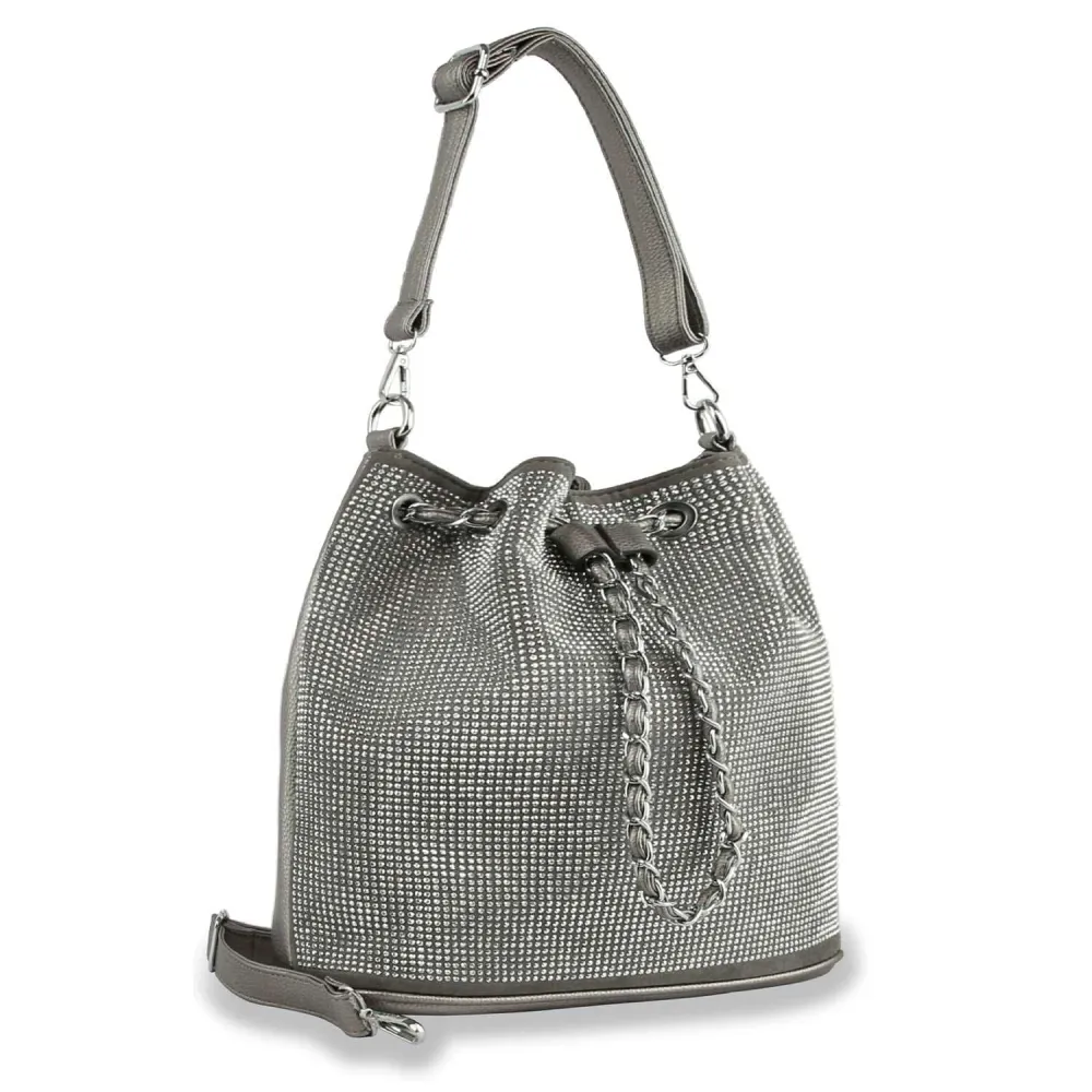 Everyday Detail Crystal Accent Drawstring Pocketed Faux Leather Hobo Shoulder Bag
