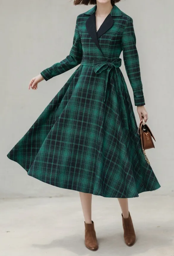 Plaid Wool Blend Fit And Flare Swing Lapel Collar Midi Dress