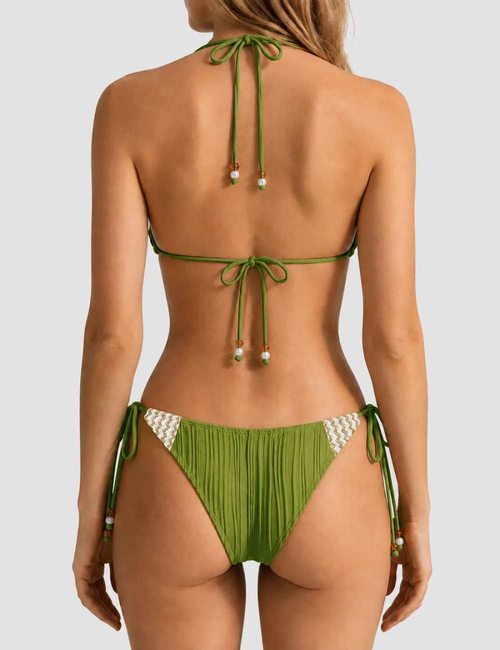 Ribbed Beaded Halter Triangle Two Piece Bikini Set