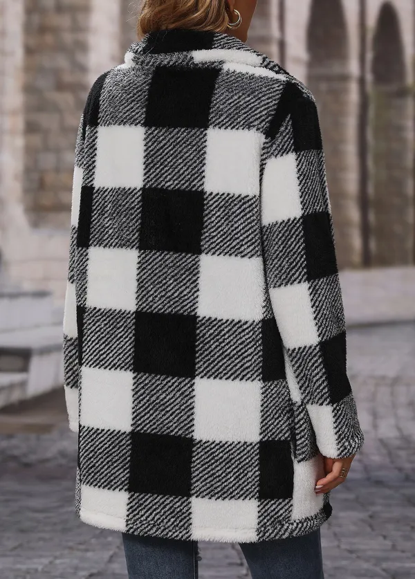 Black Pocket Plaid Long Sleeve Turn Down Collar Coat