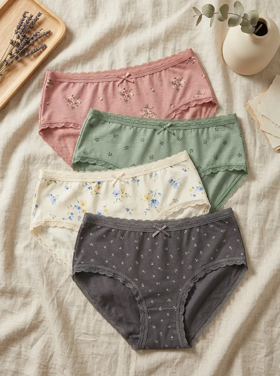 Women's Lace Trim Floral Printed 4-Piece Underwear Set