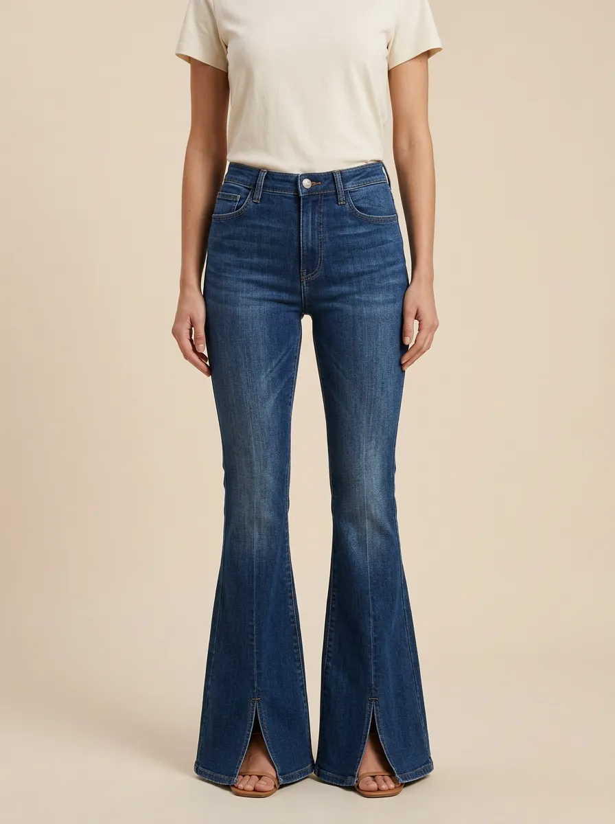 Split Hem Faded Finish Printed Detail Flare Jeans