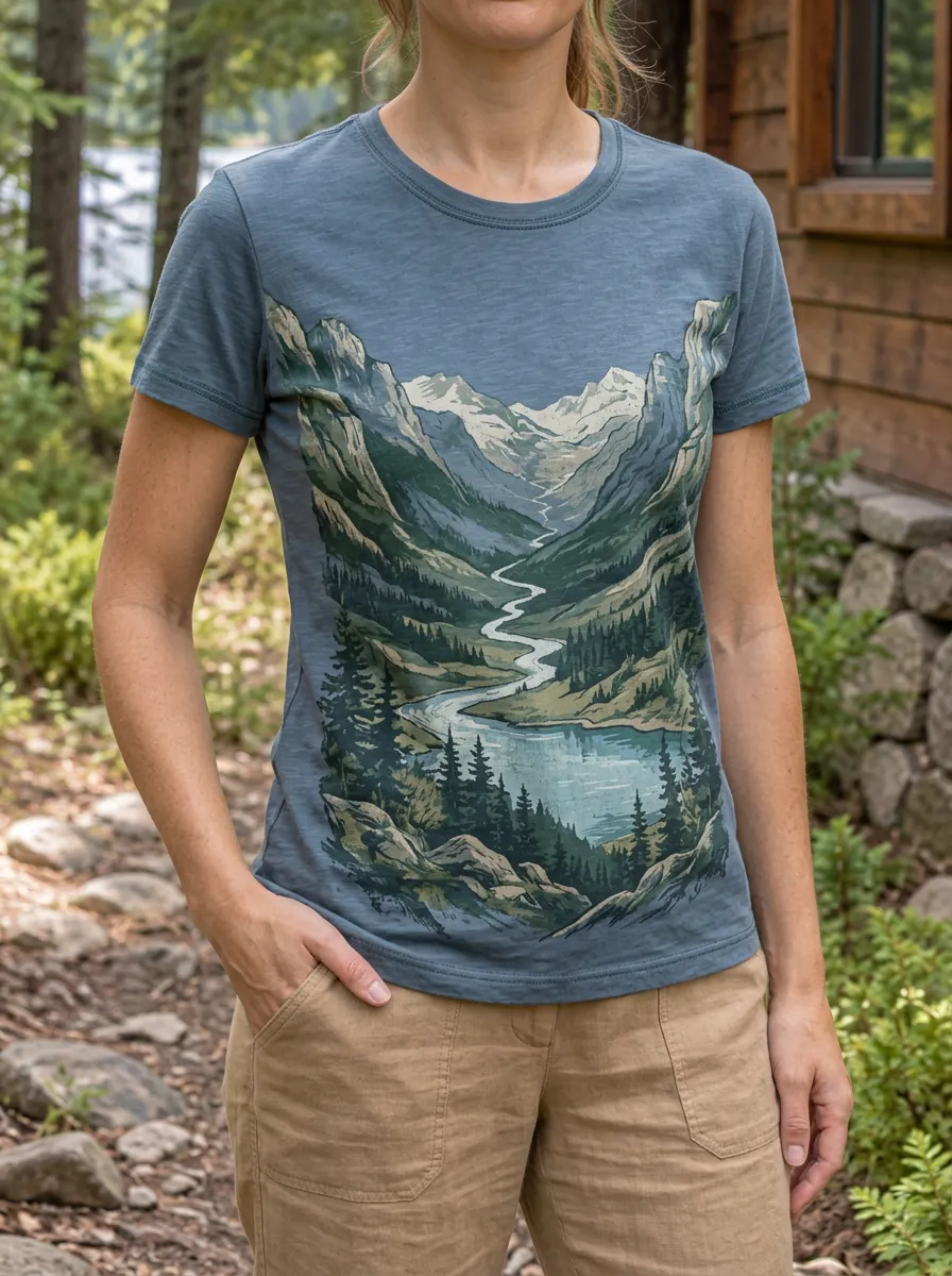 Women's Wilderness Nature Lover Mountain River Landscape Crew Neck T-Shirt