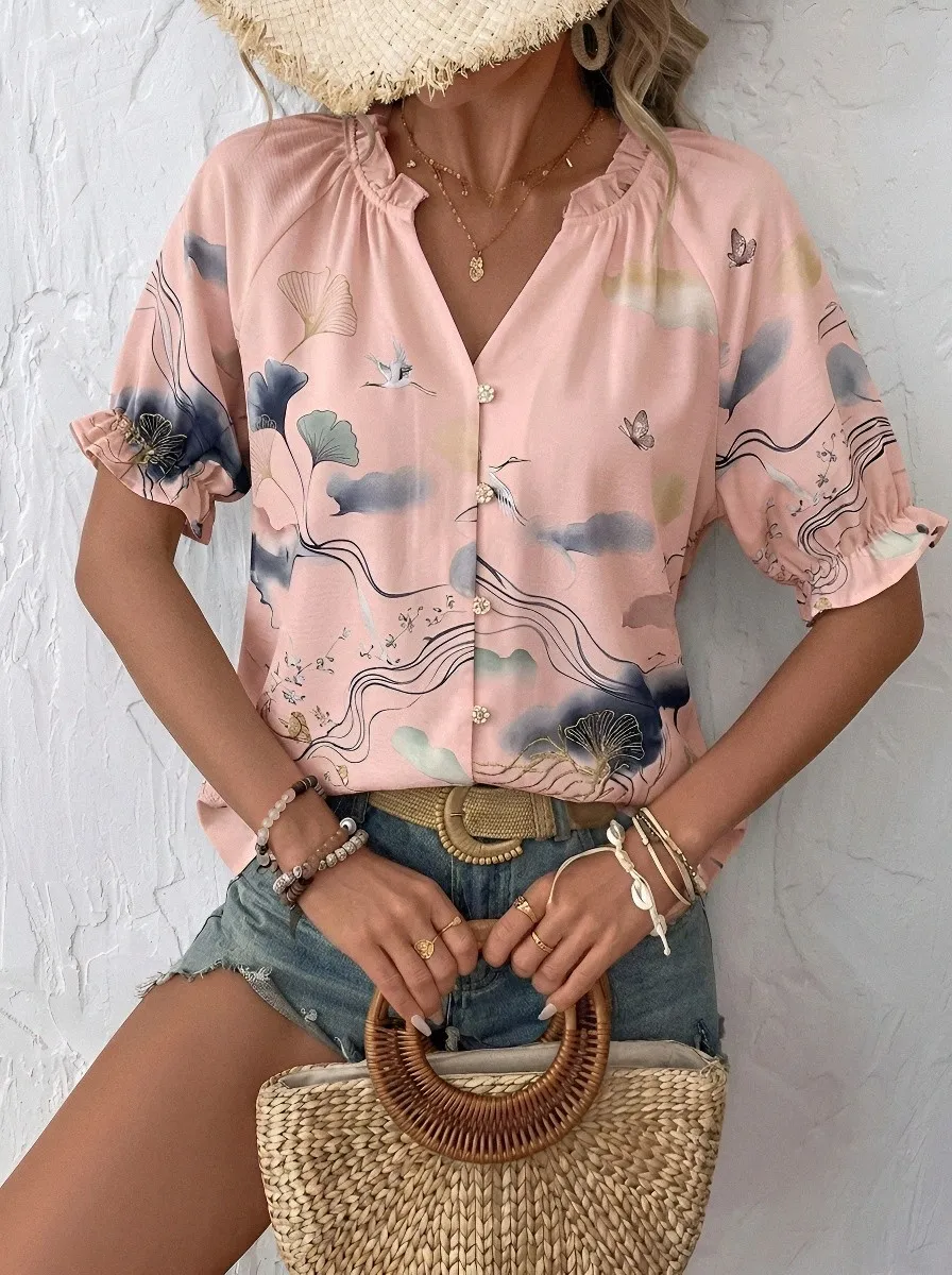 Women's Oriental Art Ginkgo Butterfly Printed V-Neck Blouse