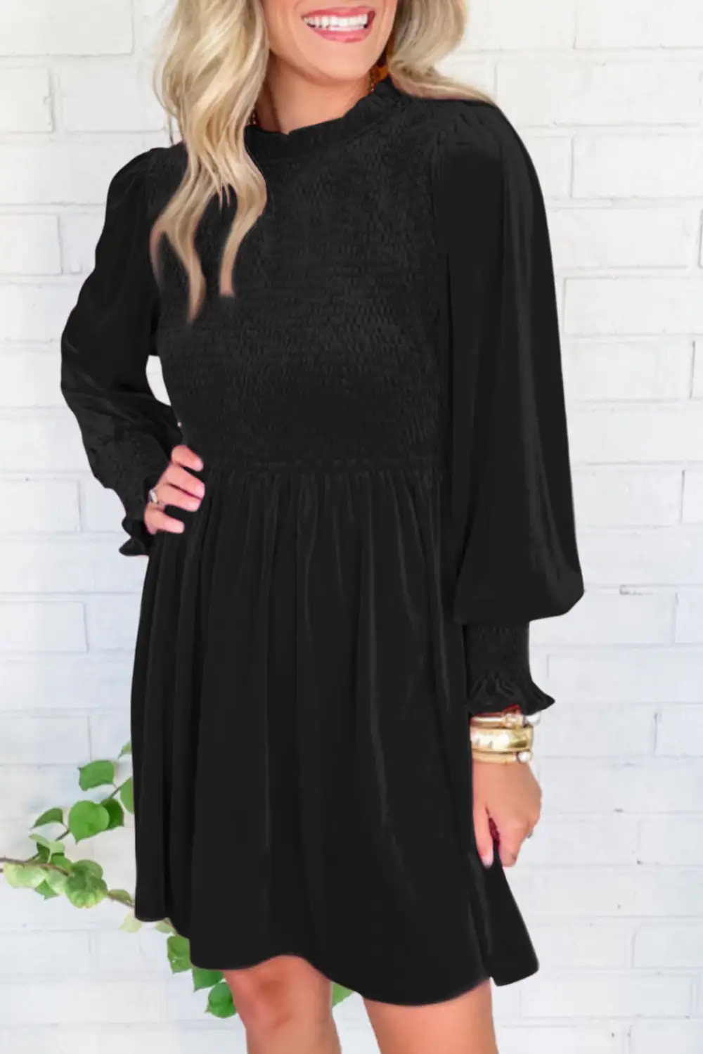 Smocked Velvet Look Mini Dress