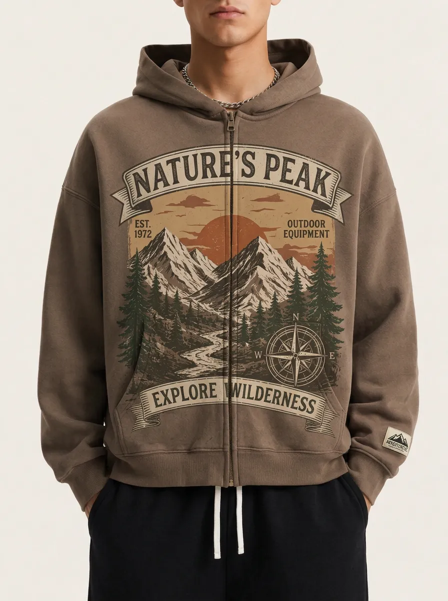 Men's Nature Peak Wilderness Mountain Compass Printed Zip-up Hoodie