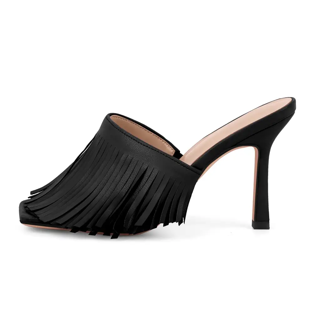 Square Toe Fringe Stiletto Mule Sandals