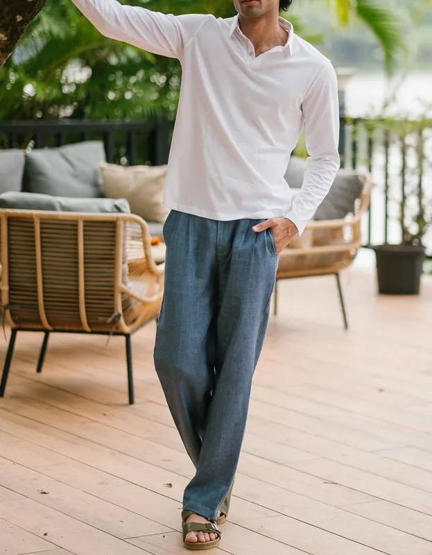 Blue Heavy Linen Pleated Trousers
