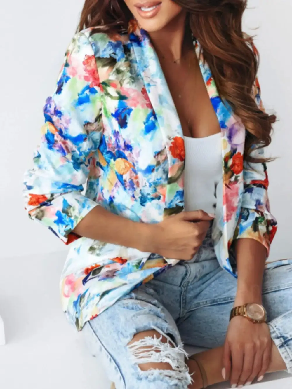 Open-Front Floral-Print Blazer