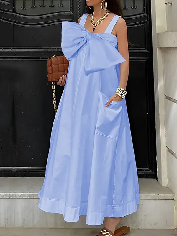 Women's Loose Fit Pocket Patchwork Bow Detail Maxi Dress