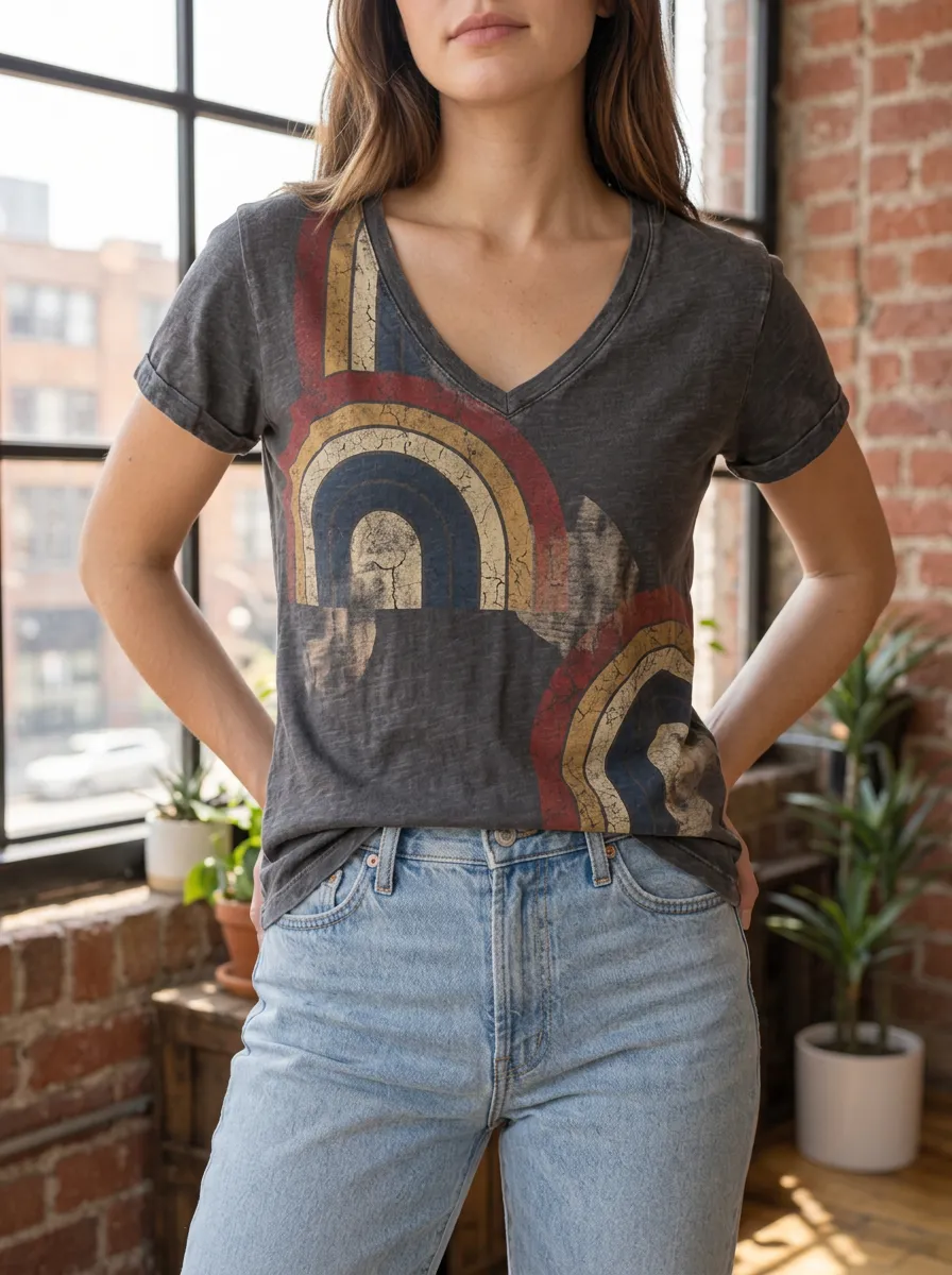 Women's Vintage Rainbow Graphic Printed V-Neck T-Shirt