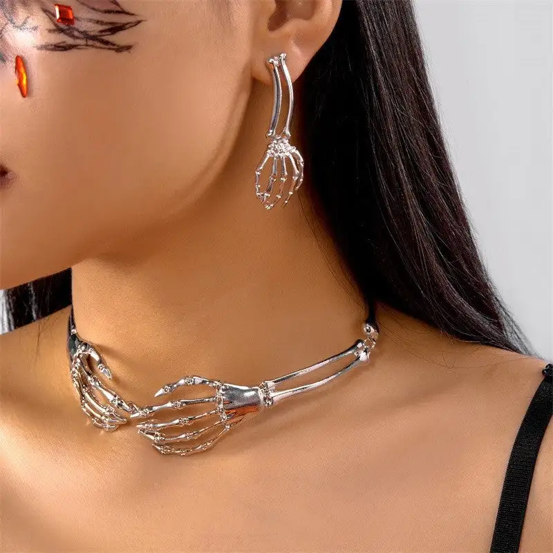 Halloween Skeleton Hand Claw Bone Necklace Earring Set
