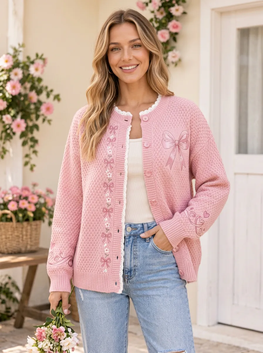 Women's Ribbon Inspired Floral Coquette Ribbon Bow Printed Cardigan