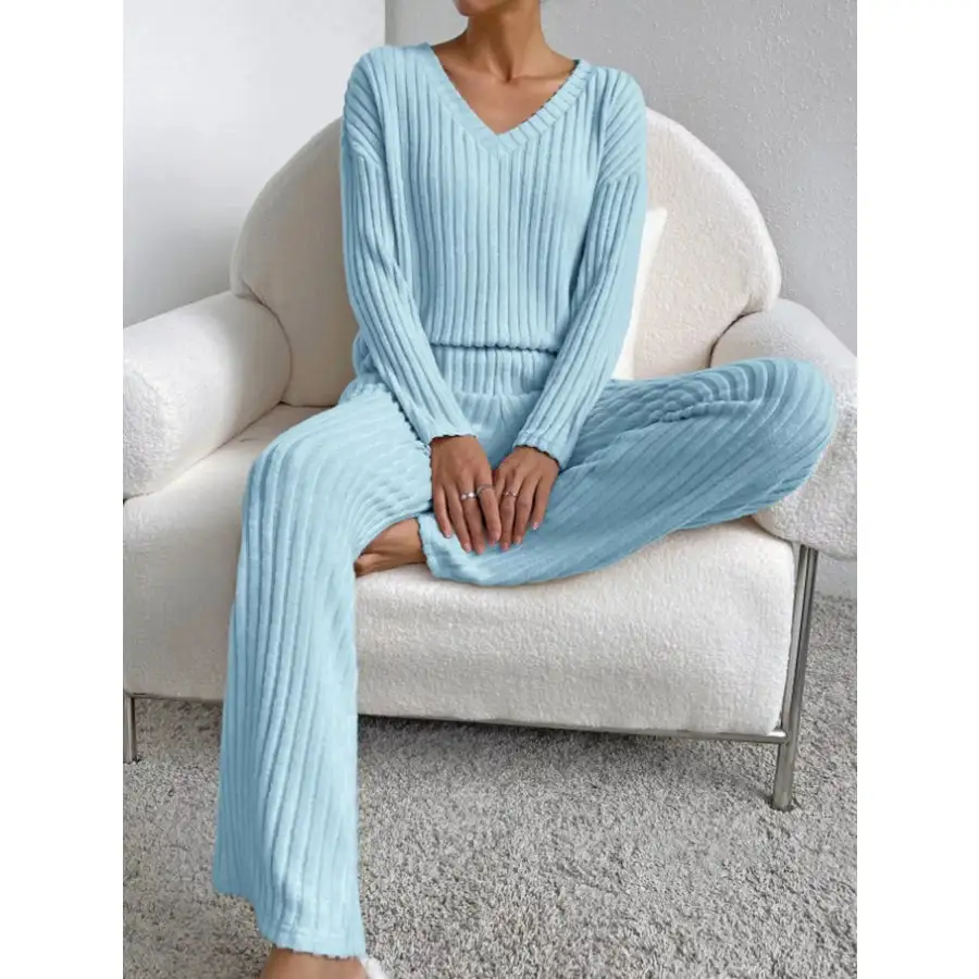 Classic Ribbed Knit Long Sleeve Top and Pants Set
