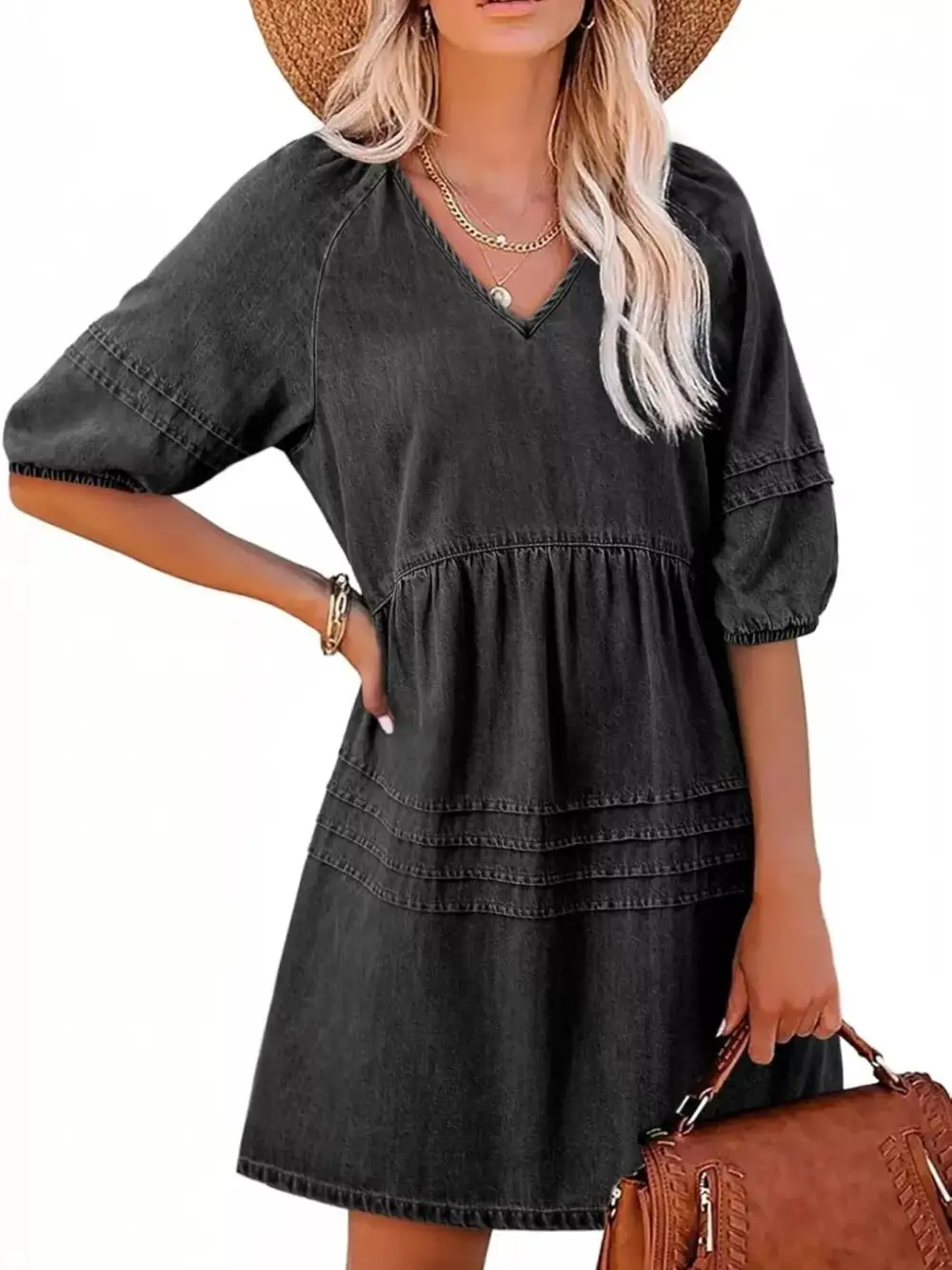 Denim V Neck Puff Sleeve Mini Dress