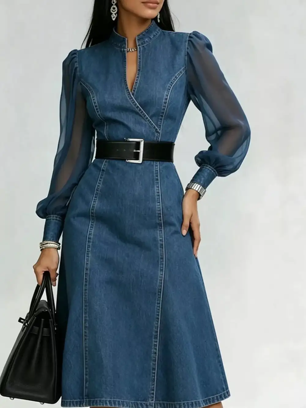 Midi Dress with Sheer Sleeves