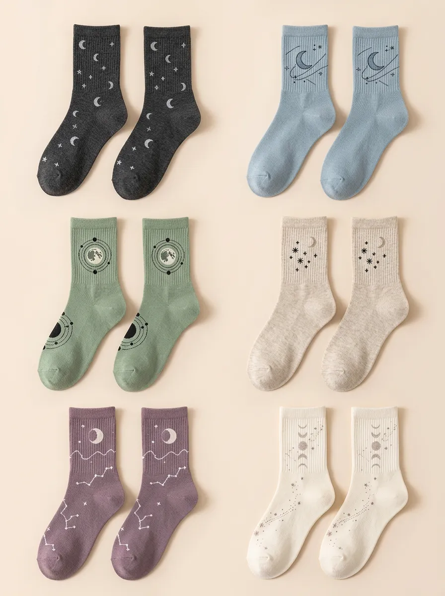 Women's Moon-Star Ribbed 6-Pack Ankle Celestial Socks