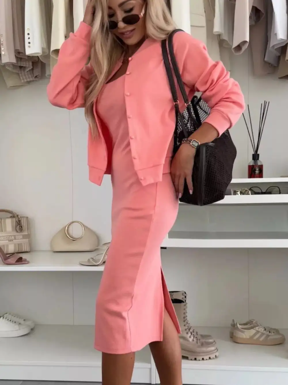 Plus Size Slit Square Neck Dress and Outerwear Set