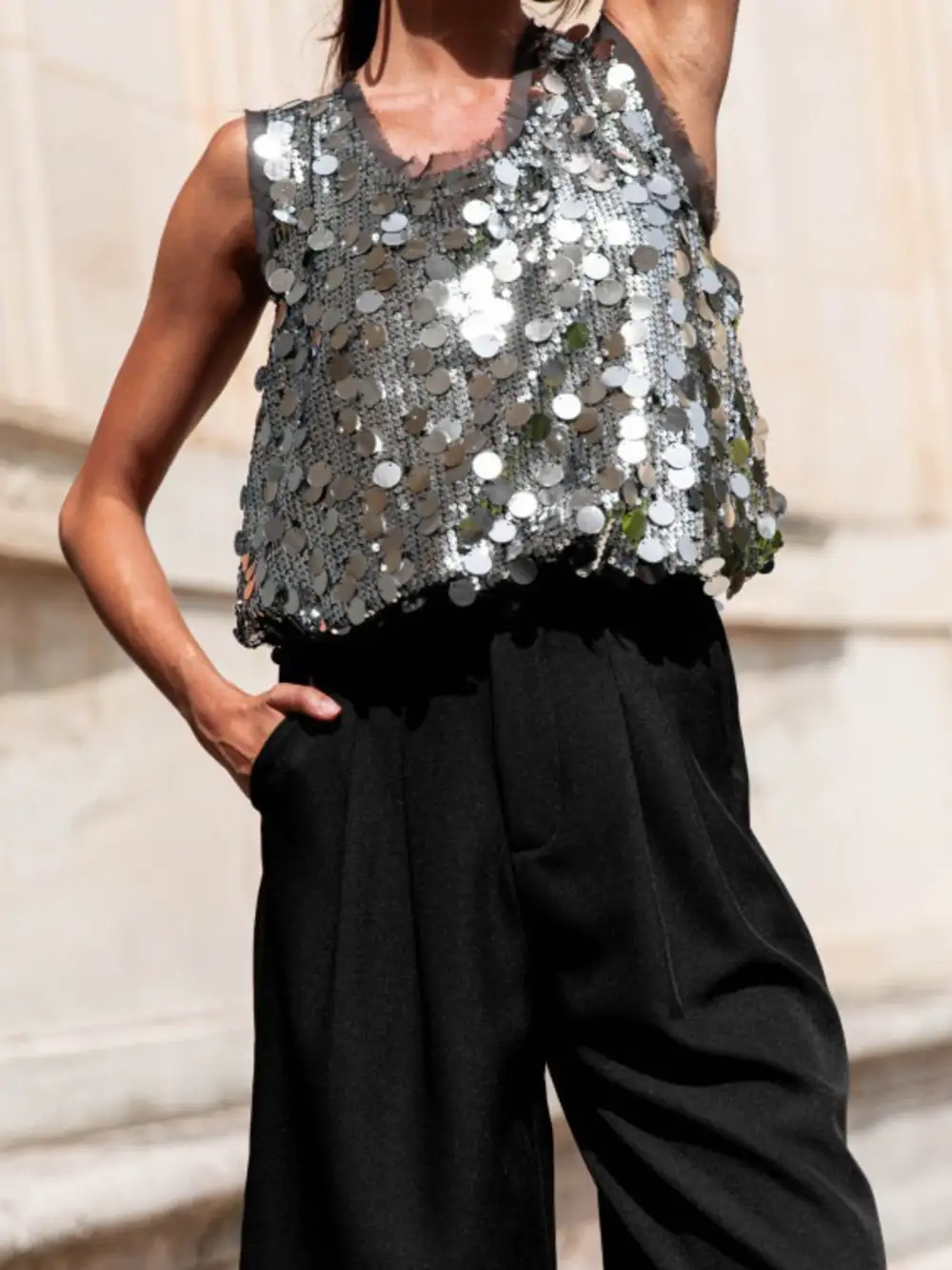 Round-Neck Sequined Tank Top