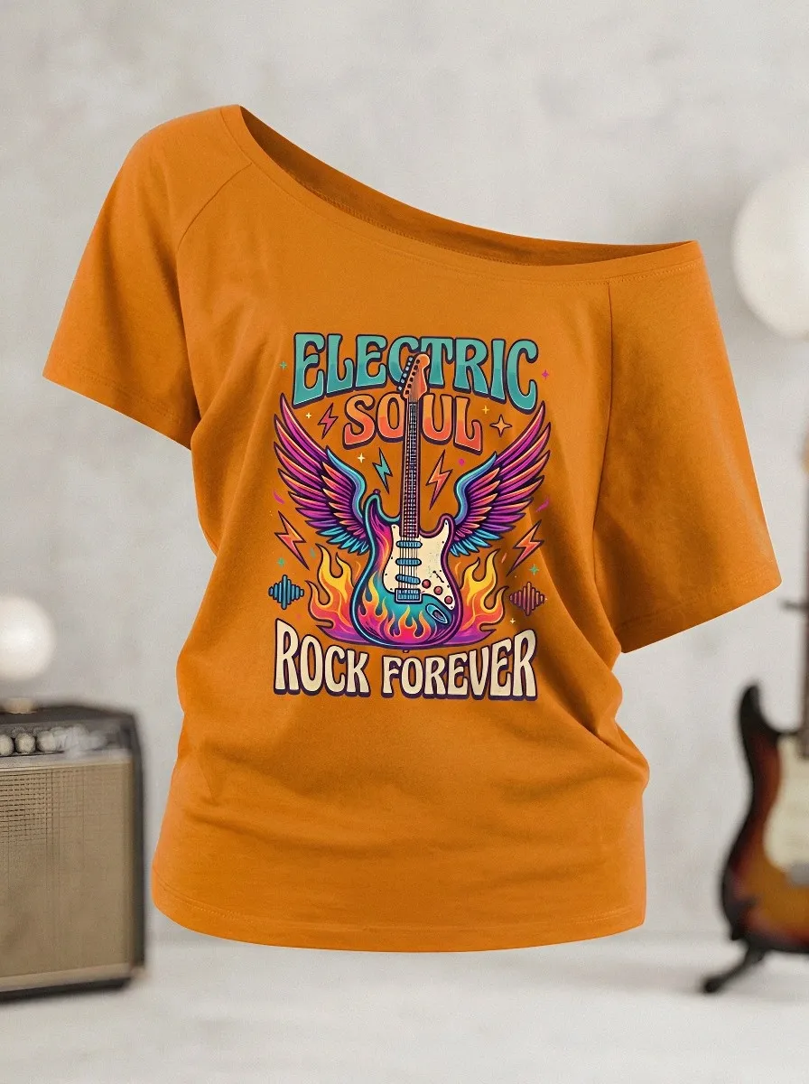 Women's Rock Music Lover Electric Guitar Wings Flame Printed Off-Shoulder Top