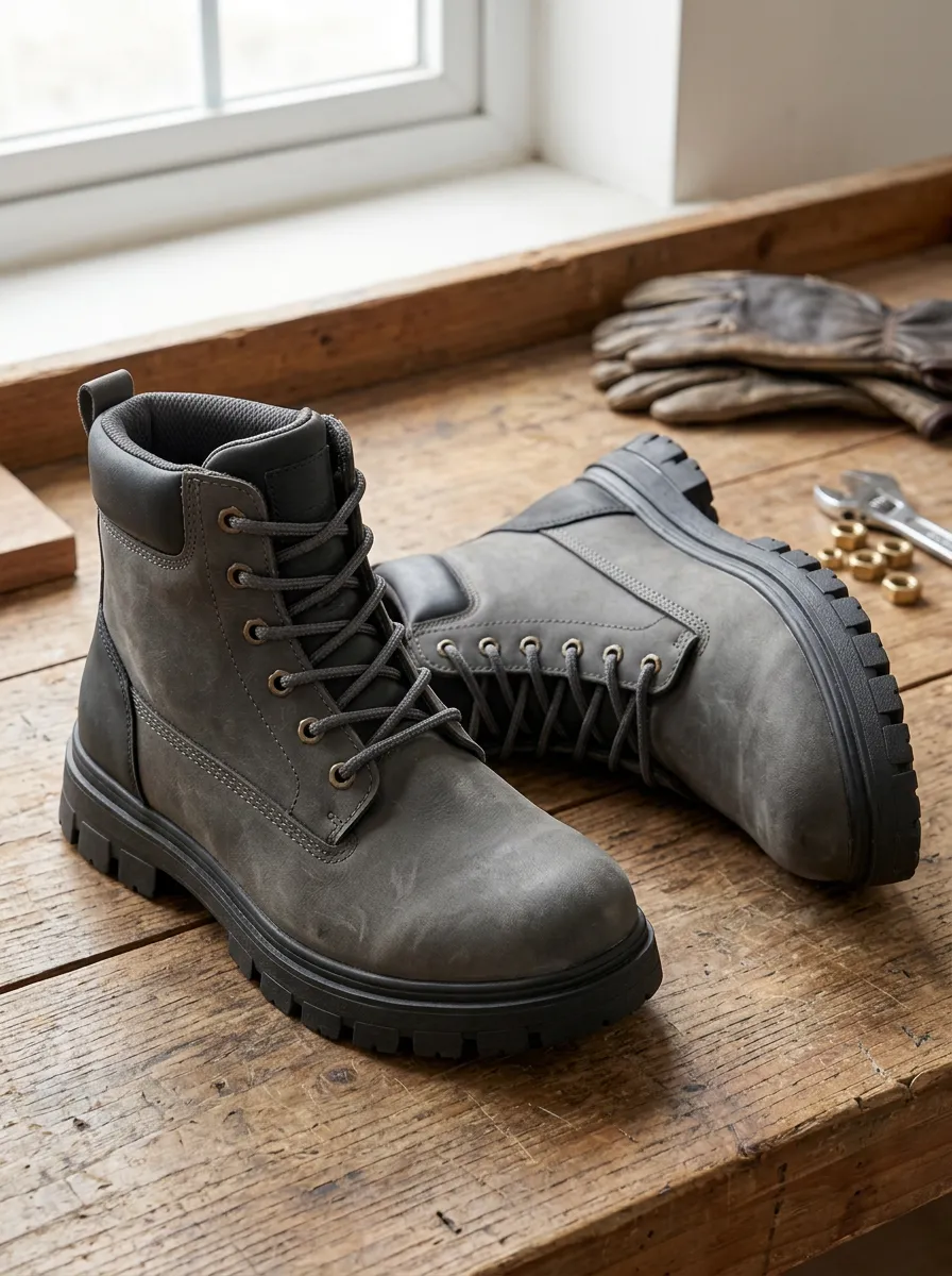 Unisex Waterproof Grey Leather Lace-up Work Boots