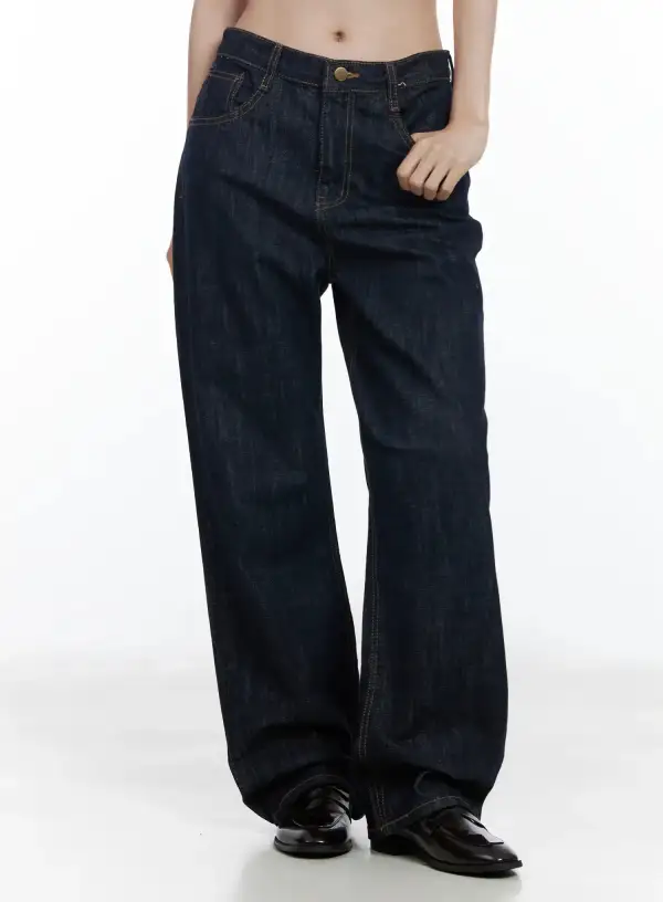 Pocketed Stitched Wide Leg Jeans