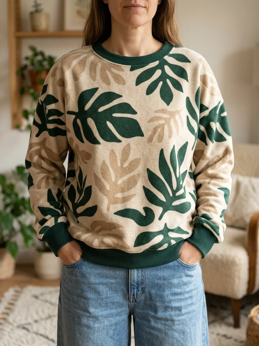 Women's and Leaf Print Crewneck Sweatshirt Botanical