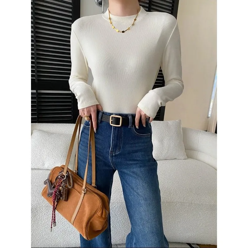 Cozy Simple Semi-High Neck Long Sleeve T-Shirt