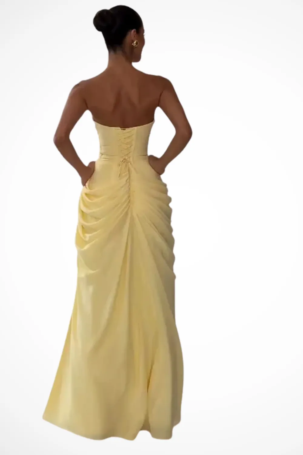  Strapless Ruched Side Slit Maxi Dress