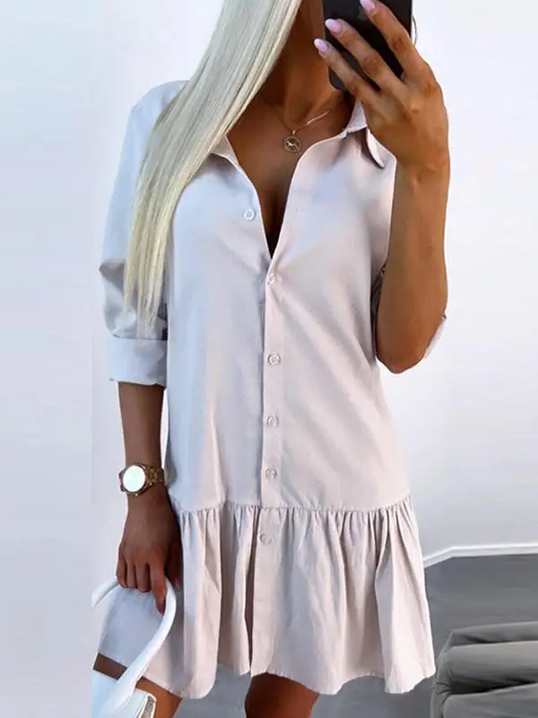 Long Sleeve Relaxed Buttoned Pleated Solid Color Split Joint Lapel Mini