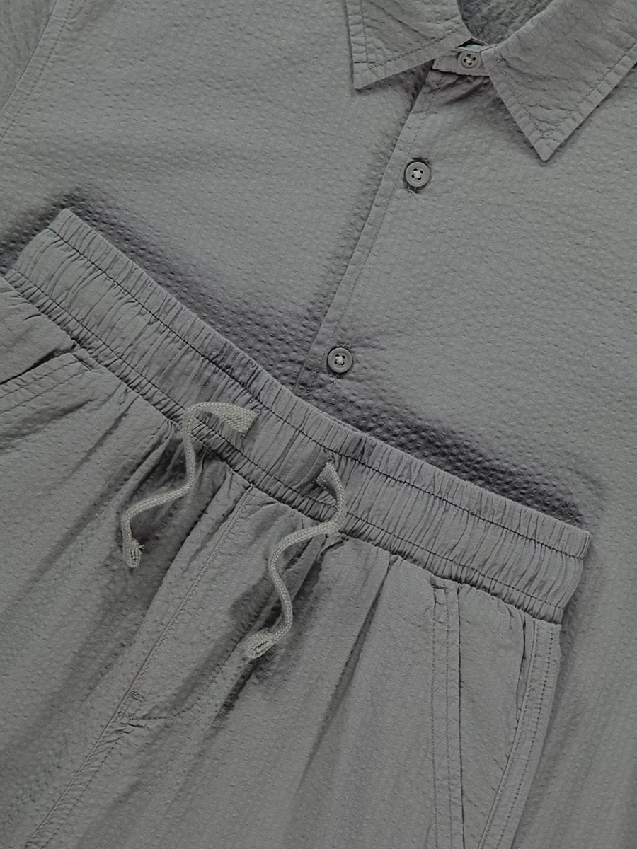 Khaki Textured Woven Shirt and Shorts Set detail 1