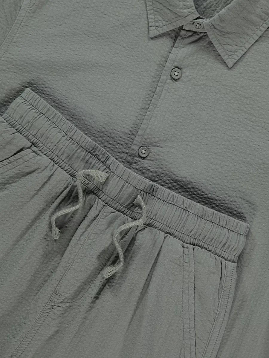 Khaki Textured Woven Shirt and Shorts Set