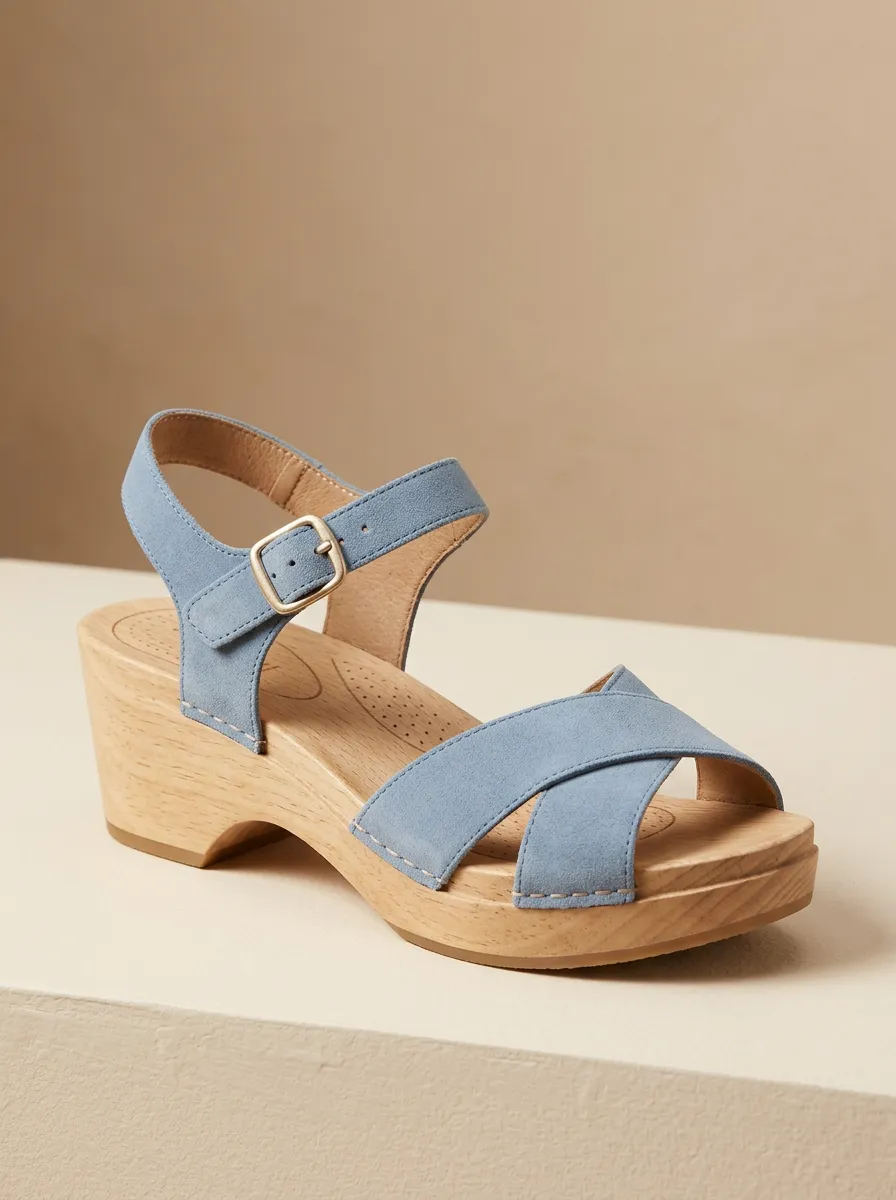 Women's Suede-Look Crisscross Ankle-Strap Wood-Platform Clog Sandals