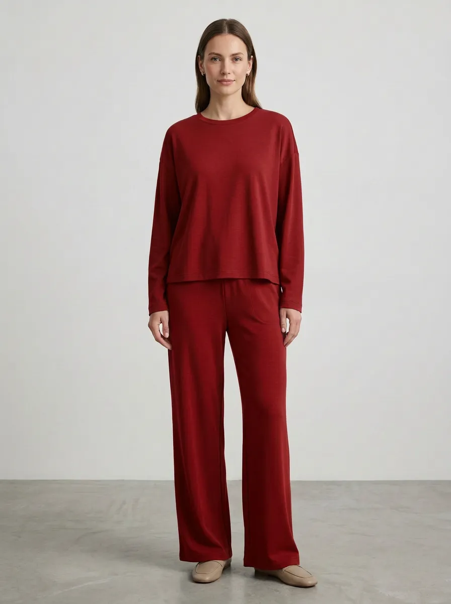 Women's Ribbed Long-Sleeve Drop-Shoulder Crewneck Top And Wide-Leg Trouser Lounge Set