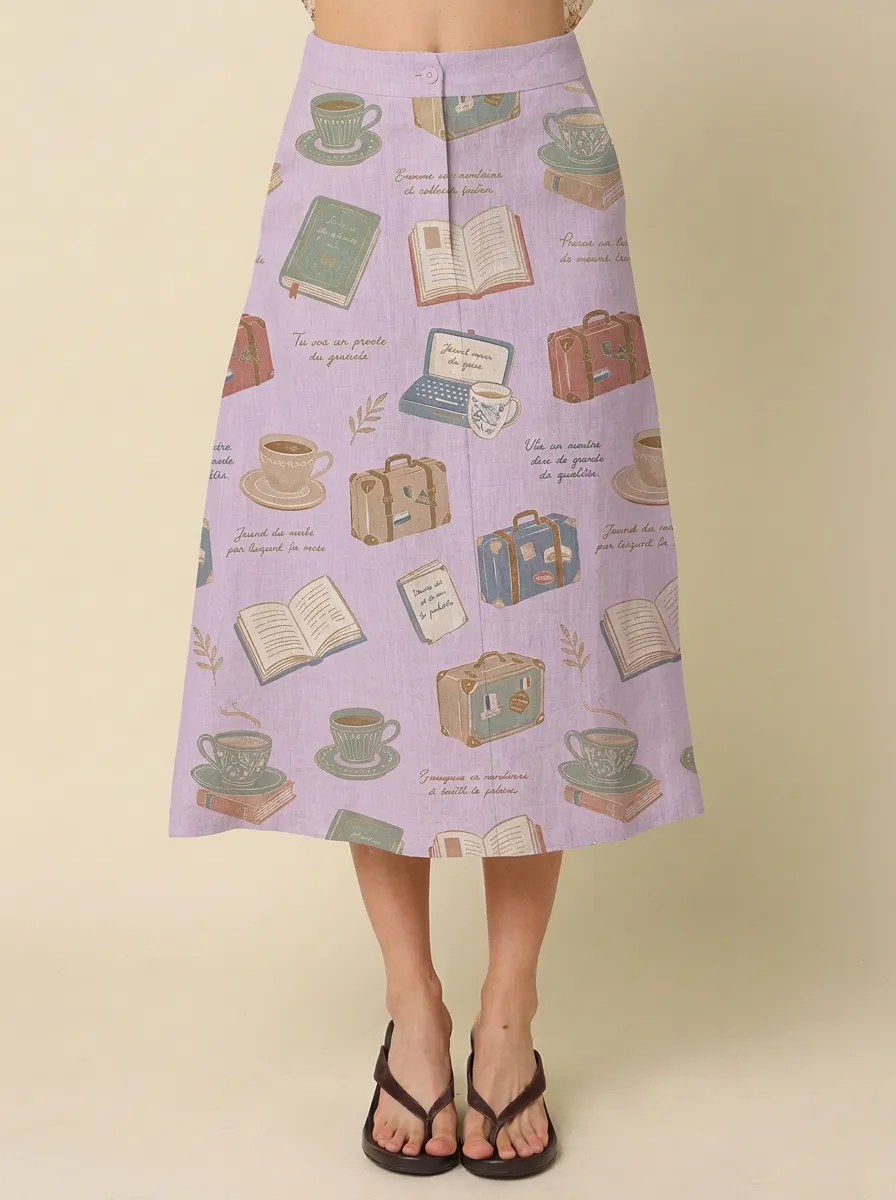 Women's Book Lover Travel Coffee Printed Midi Skirt