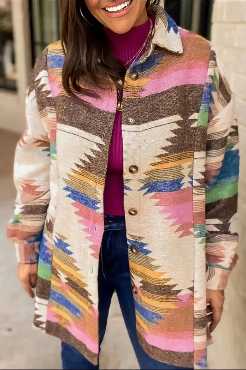 Geometric Button Front Casual Jacket
