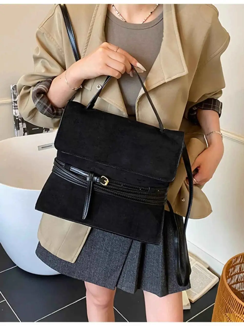Suede Leather Belt Backpack Bag