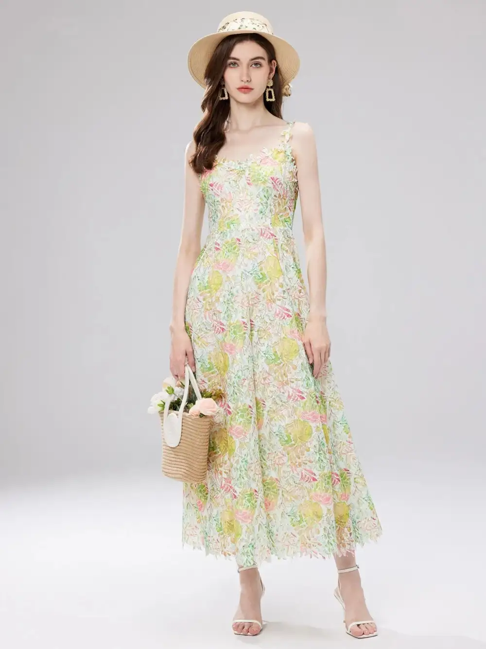 Floral Lace V Neck Midi Dress
