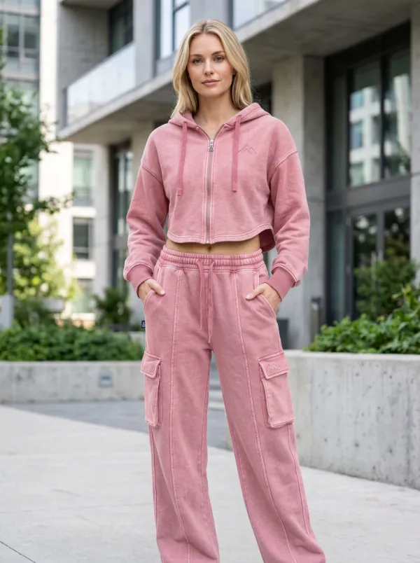 Women's Mountain Logo Acid Wash Cropped Zip Hoodie Cargo Jogger Set