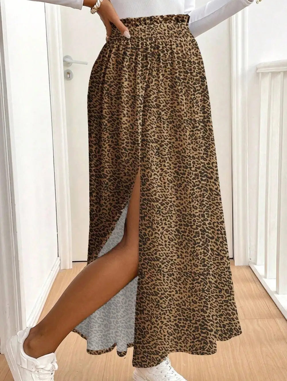 Leopard Print Floral Slit Midi Skirt