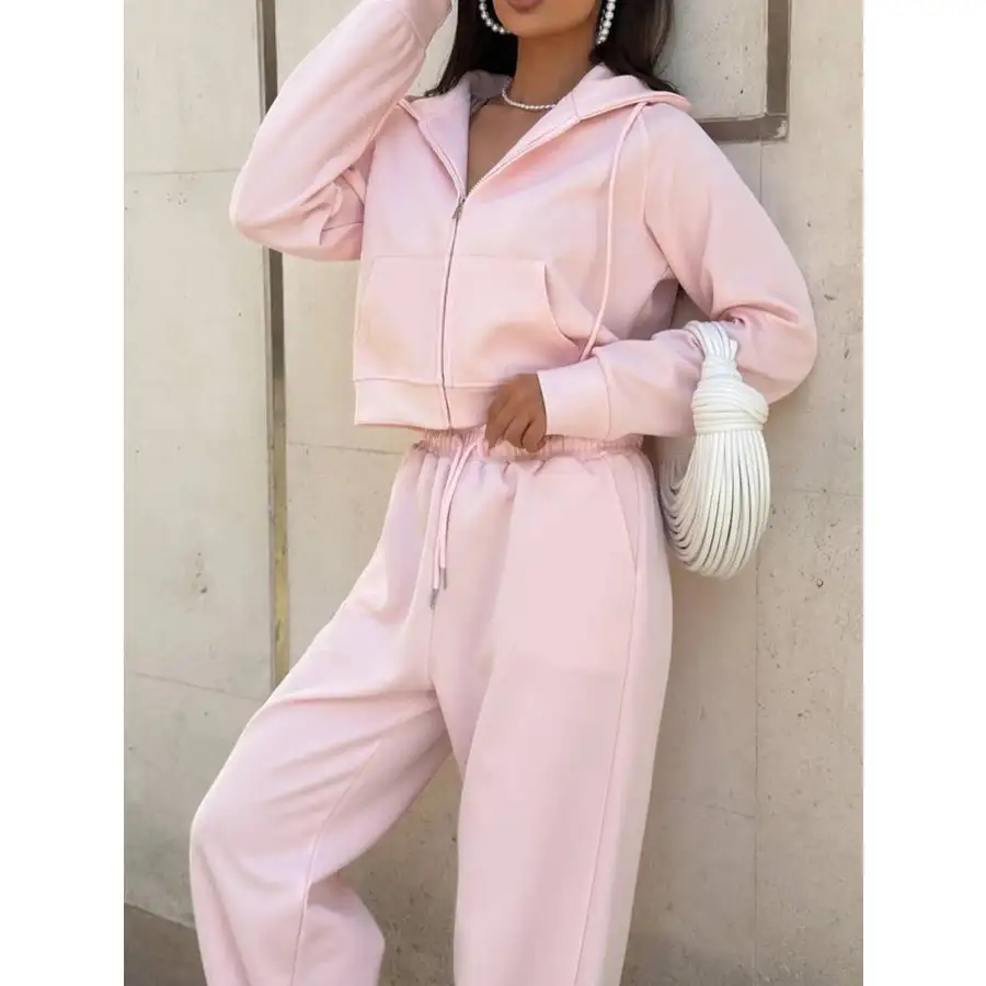 Zip Up Drawstring Hoodie and Pants Set