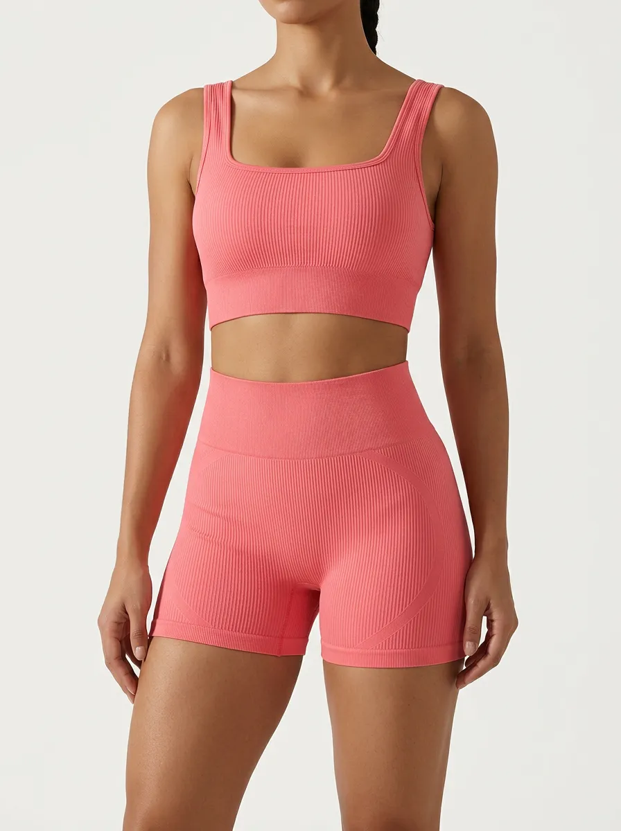Dynamic Ribbed Texture Seamless Design Style Women's Tank Top And Sports Shorts Set