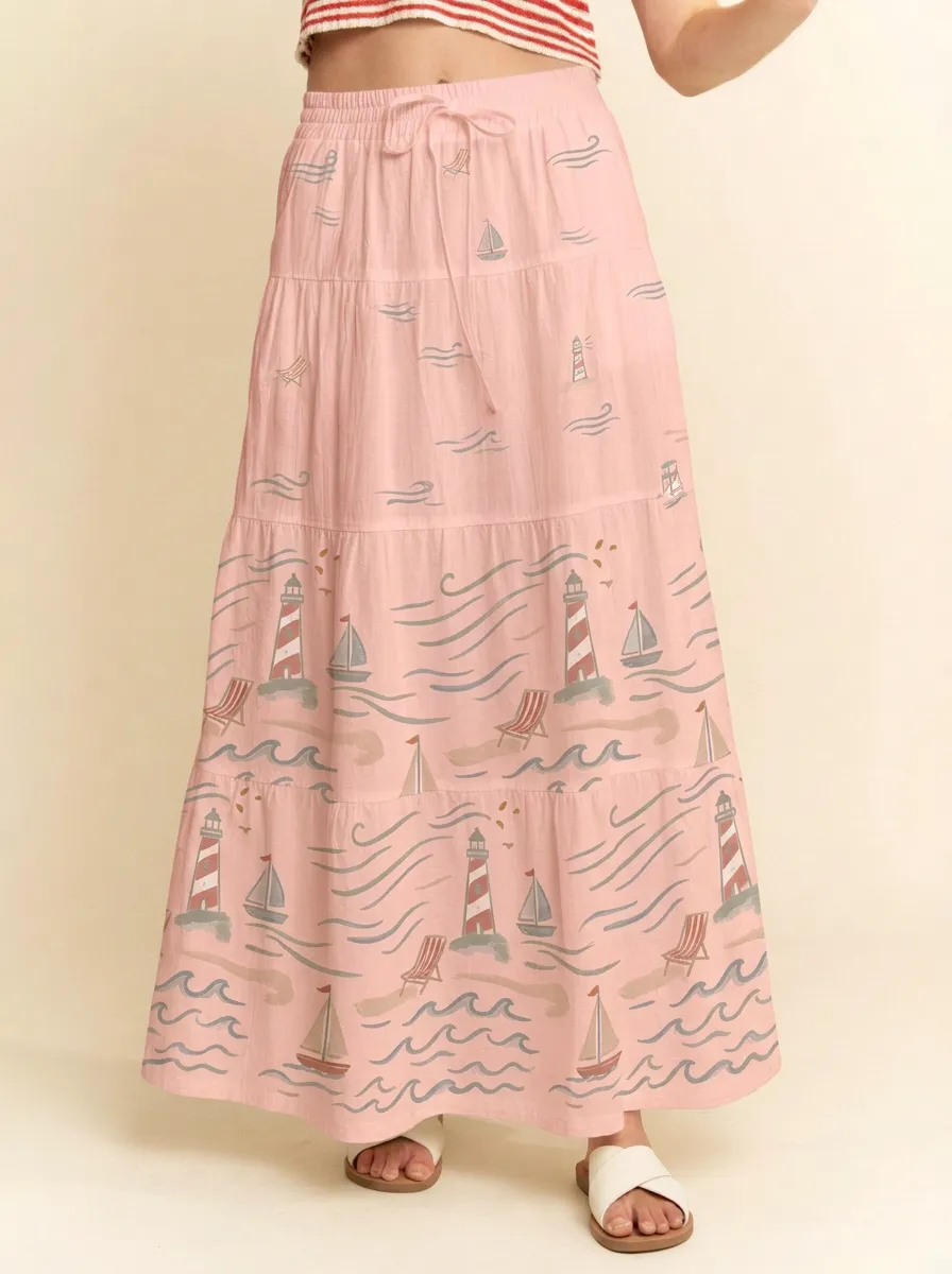 Women's Coastal Lighthouse Sailboat Graphic Maxi Skirt
