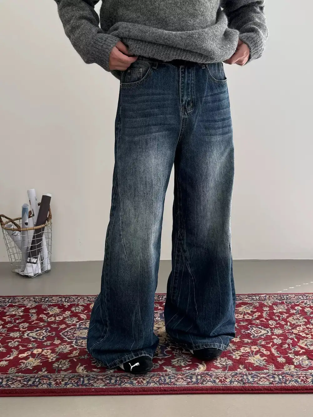 Washed Textured Wide Leg Jeans