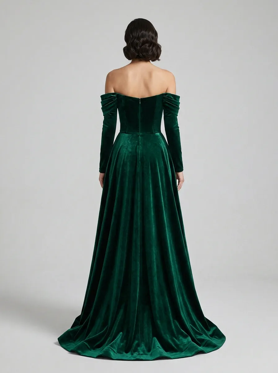 Women's Velvet Off-Shoulder Leaf Embroidered Evening Gown