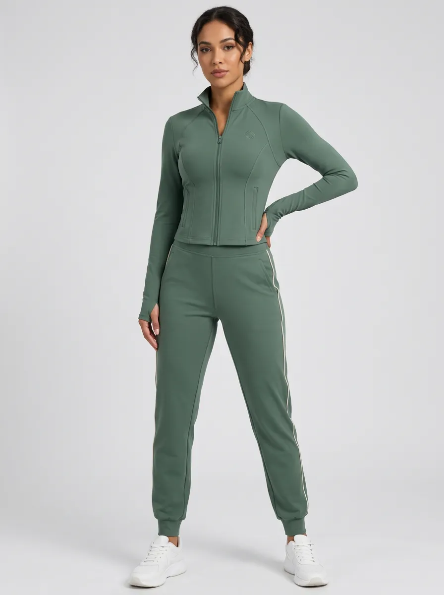 Women's Fitness Yoga Sage Green Zip-Up Tracksuit Set