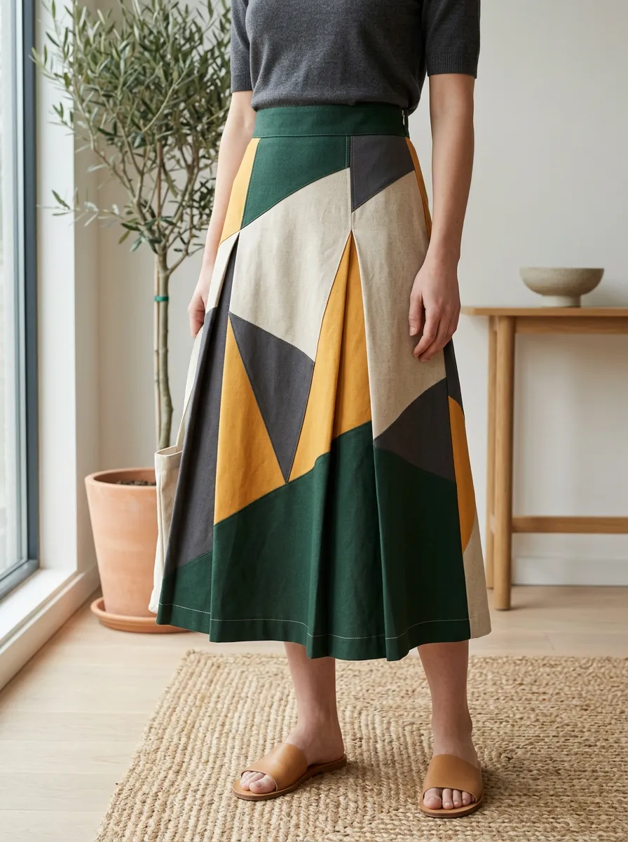 Women's Modern Geometric Patchwork Midi Skirt